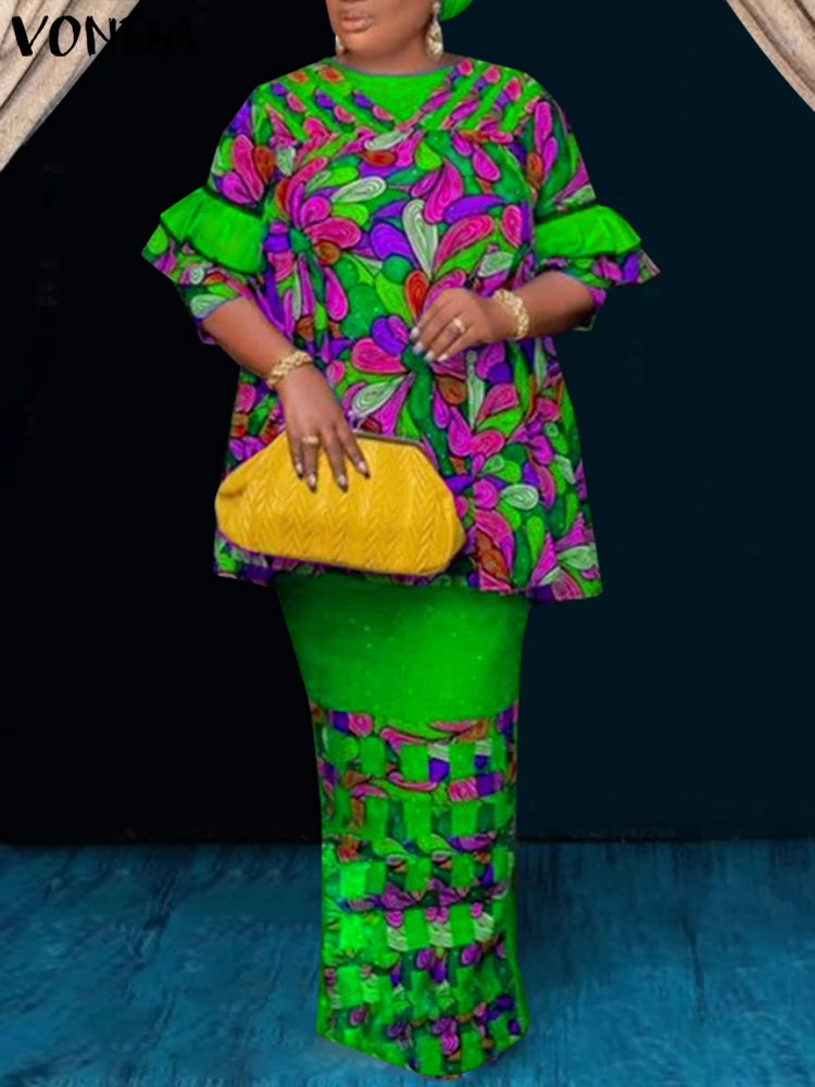 Plus Size 5XL VONDA Women Sets Vintage Dress Suits Fashion Flare Sleeve Floral Printed Tops And A Line Skirts 2025 Matching Sets green