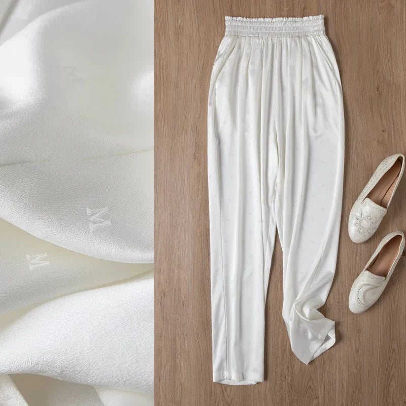 Women's Fashion New 24MM 93%Natural Mulberry Silk Versatile Jacquard Elastic Solid Color Satin Elastic Waist Casual Harlan Pants