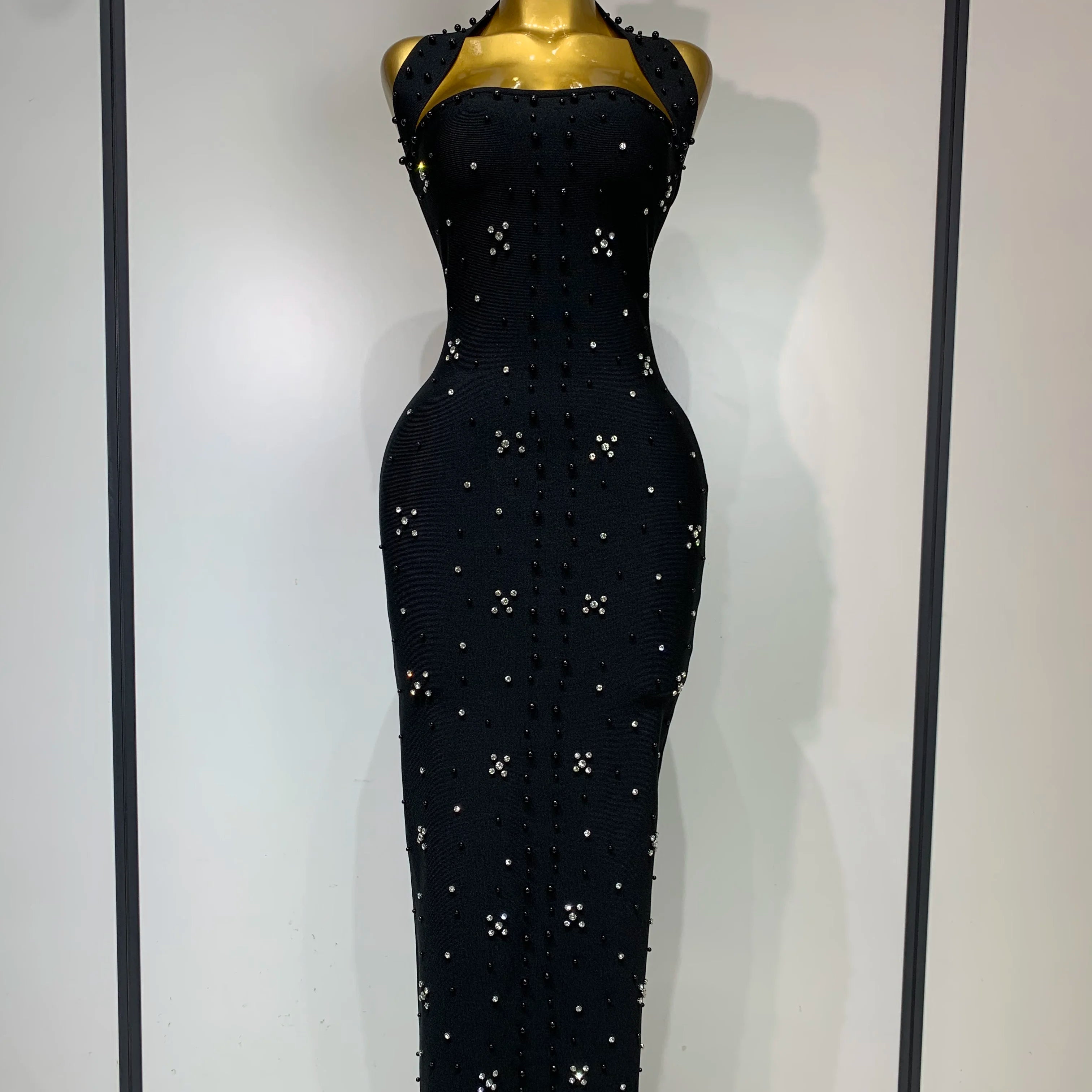 Women Sexy Halter Backless Shiny Rhinestone Pearl Bodycon Bandage Dress Celebirty Elegant Evening Party Luxury Birthday Dress black