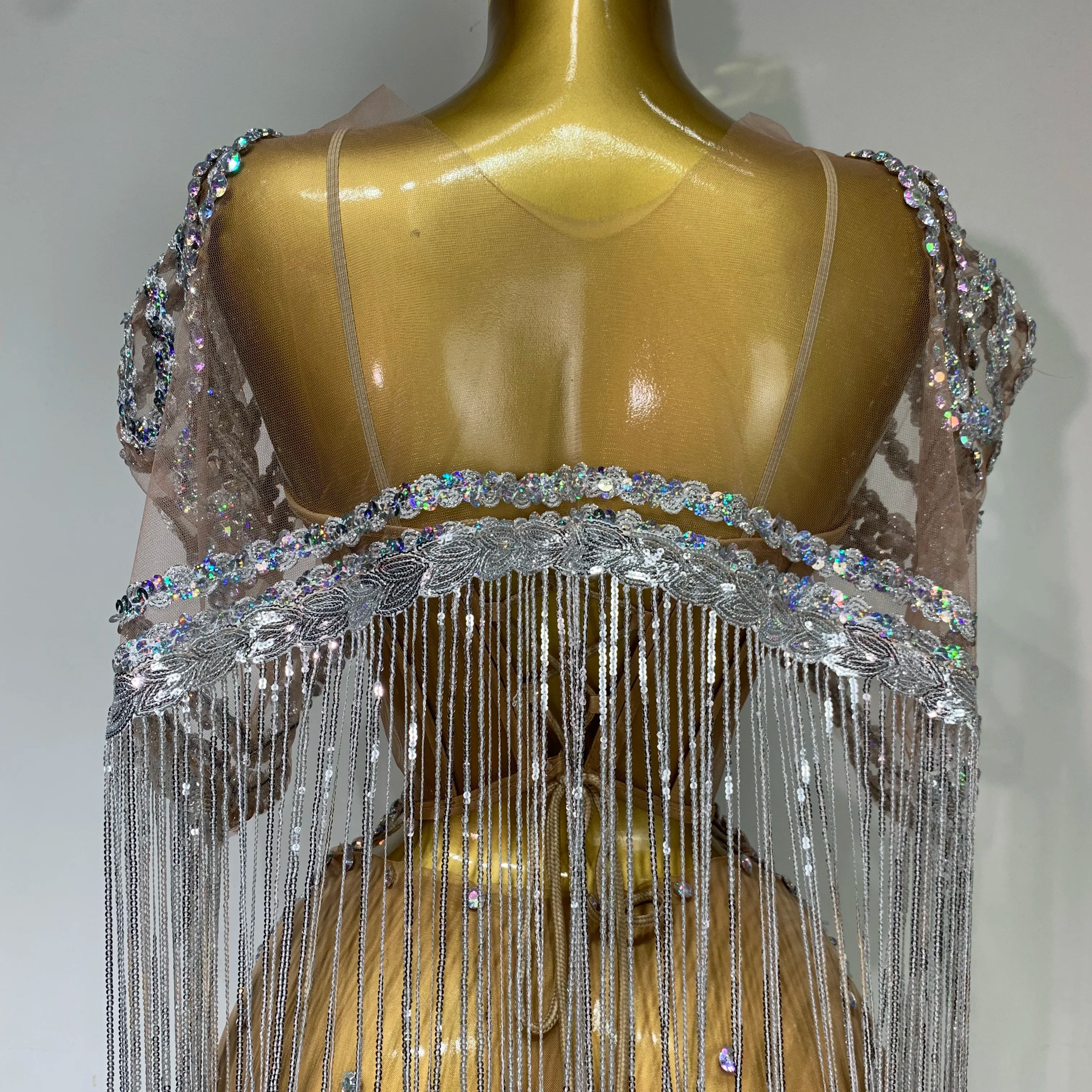 Sparkly Rhinestones Tassel Sexy Mesh Transparent Short Dress Women Evening Party Luxury Birthday Nightclub Singer Stage Costume