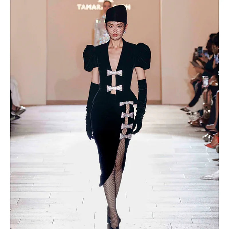 2025 New Fashion Gloves Black Velvet Woman Set Shining Diamond Bows V-Neck Jacket Sexy Hollow out package Hips Skirt Set 2 Piece