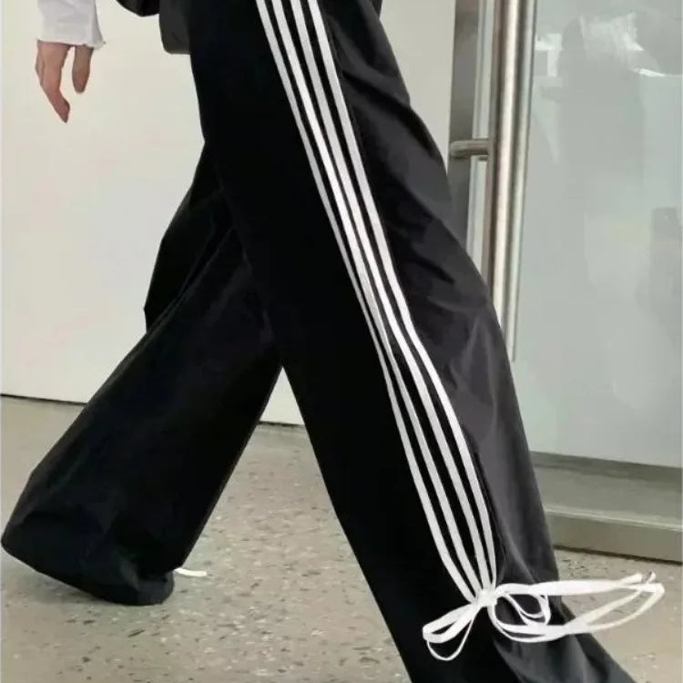 HOUZHOU Black Stripe Women's Sport Sweatpants Wide Oversized Harajuku Casual Joggers Parachute Pants Spring Korean Fashion 2024