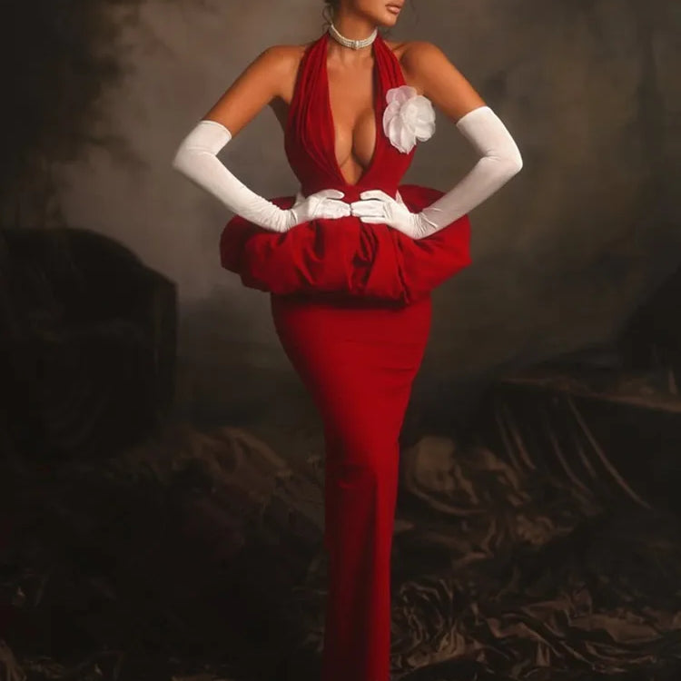 New Women Celebrity Sexy Halter Backless Red Flower Maxi Long Bodycon Bandage Dress 2025 Elegant Evening Club Party Dress