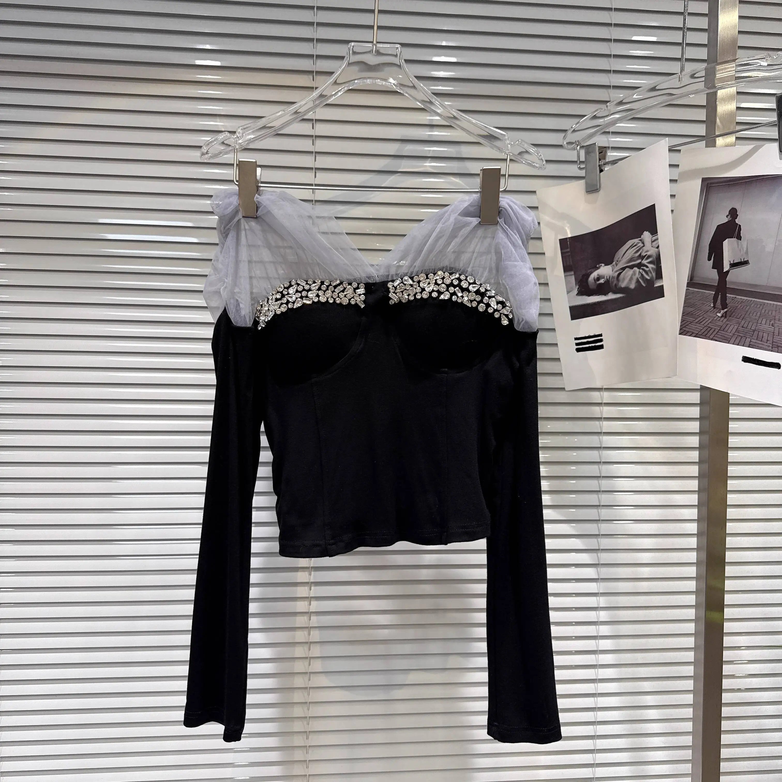 Winter New Fashion Mesh Patchwork Rhinestone Beaded Chest Pad T-Shirt For Women Slim Fit Short Tops Female 11A07772 Dark Gray One Size