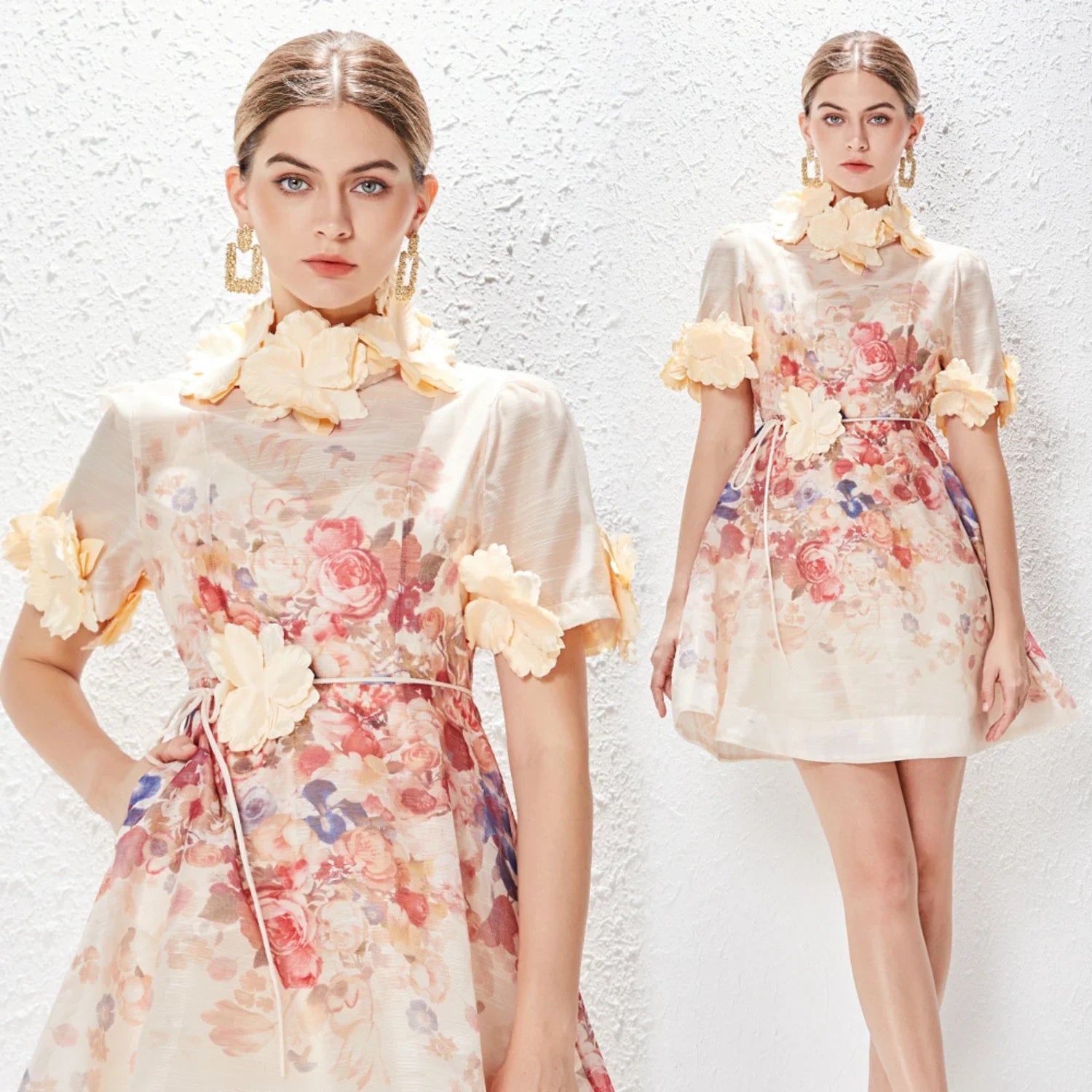 NEW Women Floral Mini Dress Spring Summer Printed Standing Collar Short Sleeve Vestido Ladies Holiday Party Vintage Dresses