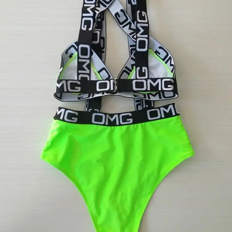Neon Women Swimsuit Push Up Bikini Swimwear High Waist Bathing Suit OMG Letter Print One Piece Monokini Beachwear Swimsuit