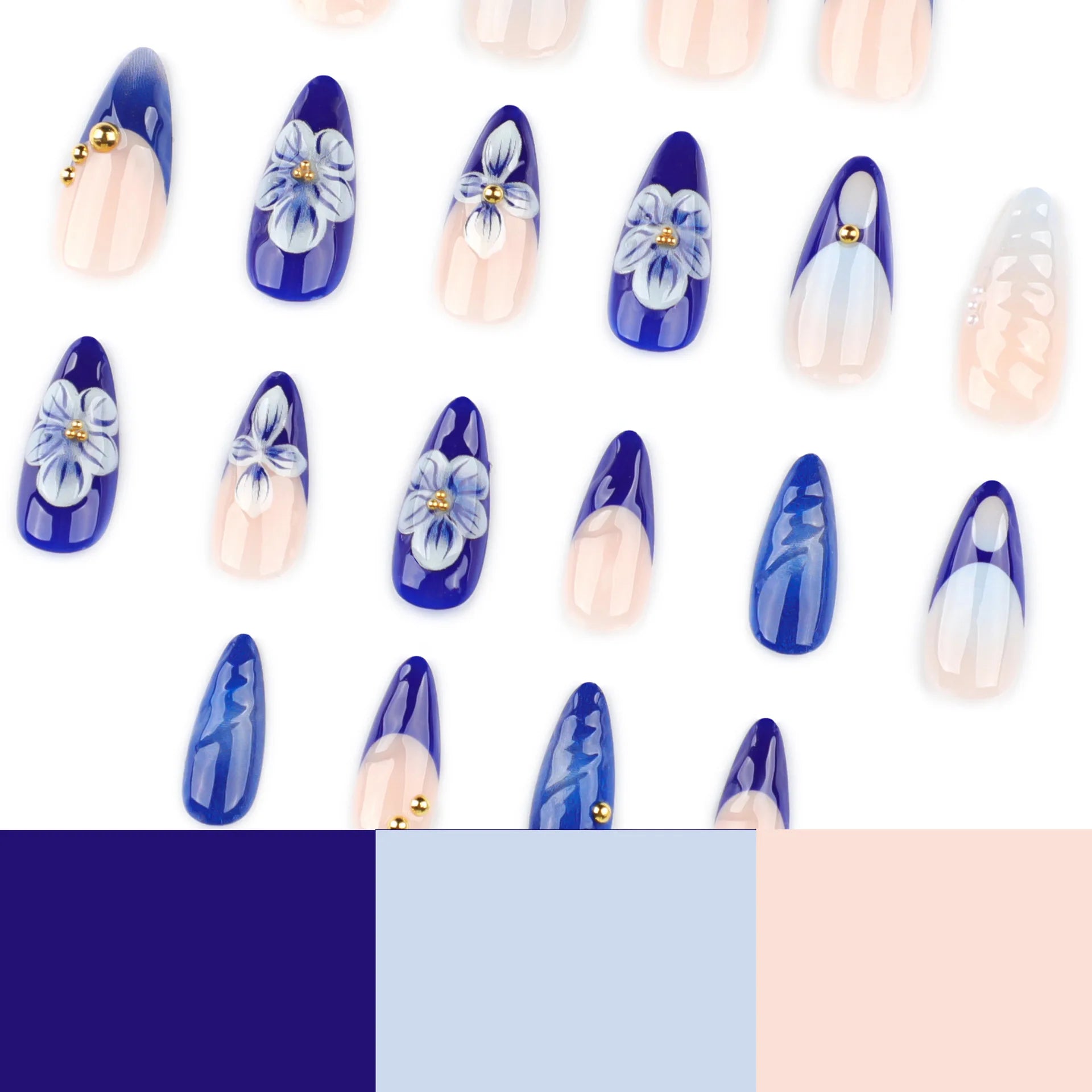 24pcs 3D Flower Design Press on Nails Blue French Almond False Nail Tips for Women Wearable Reusable European Fashion Fake Nails