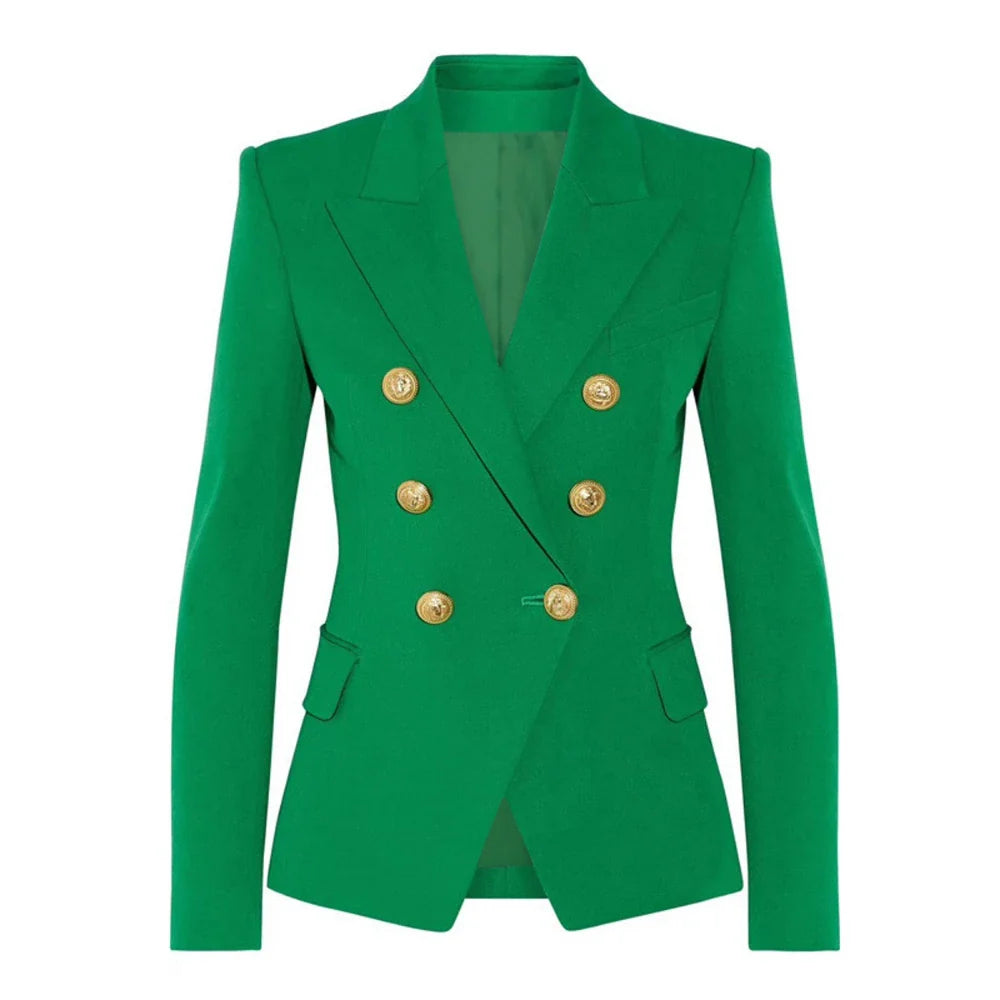 Solid Slimming Fashion Blazer for Women Lapel Long Sleeves Patchwork Double Breasted Elegant Coat Female Clothing GREEN