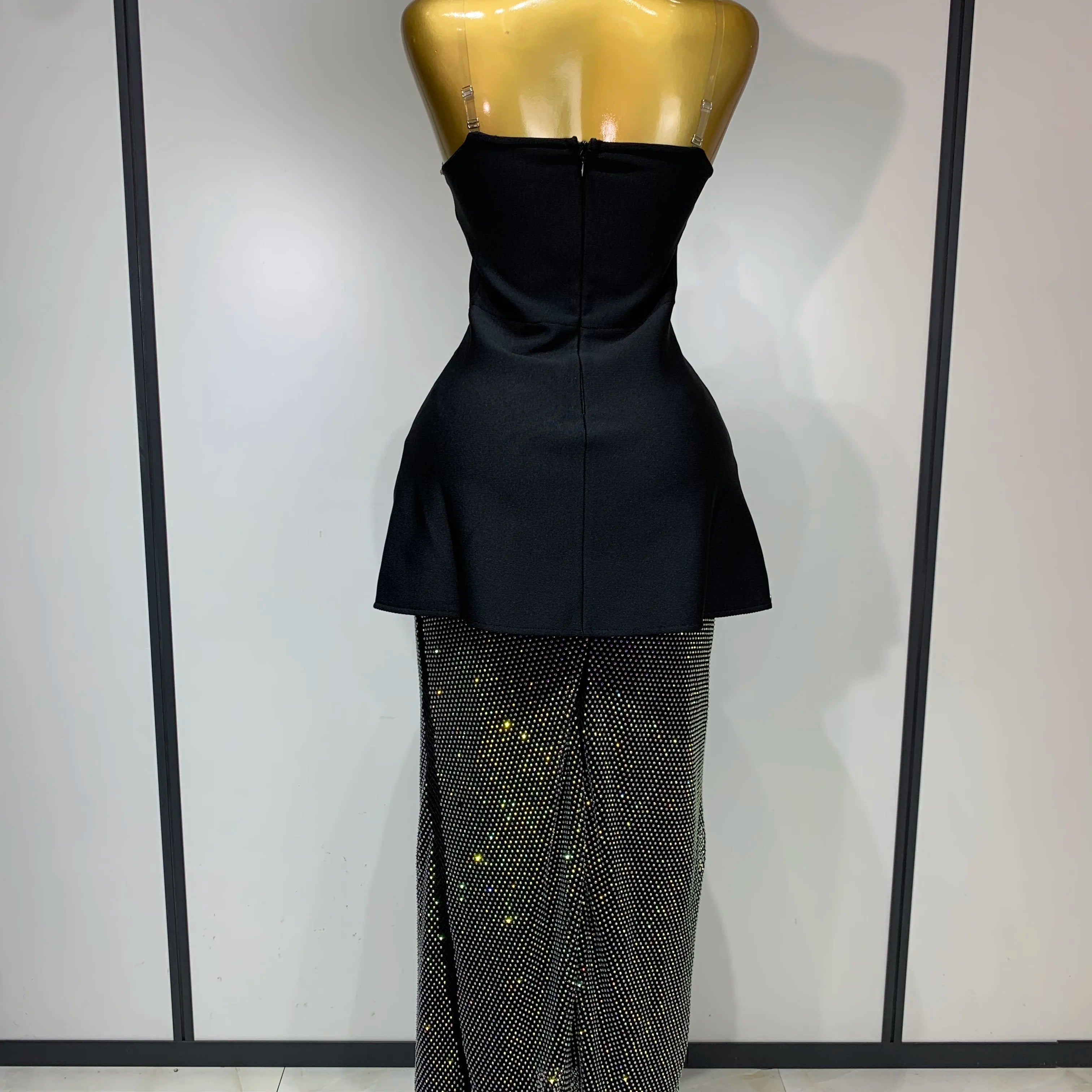Black Design Sleeveless Rhinestone Top + Hot diamond Skirt Suit Evening Party Dress Nightclub Luxury Birthday Gown