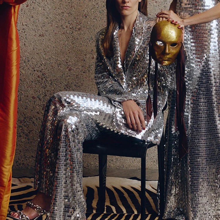 New Spring Shinning Sequined Women Long Sleeve Single Button Tops Floor-Length Pants Set Celebrate Evening Party Women's Set