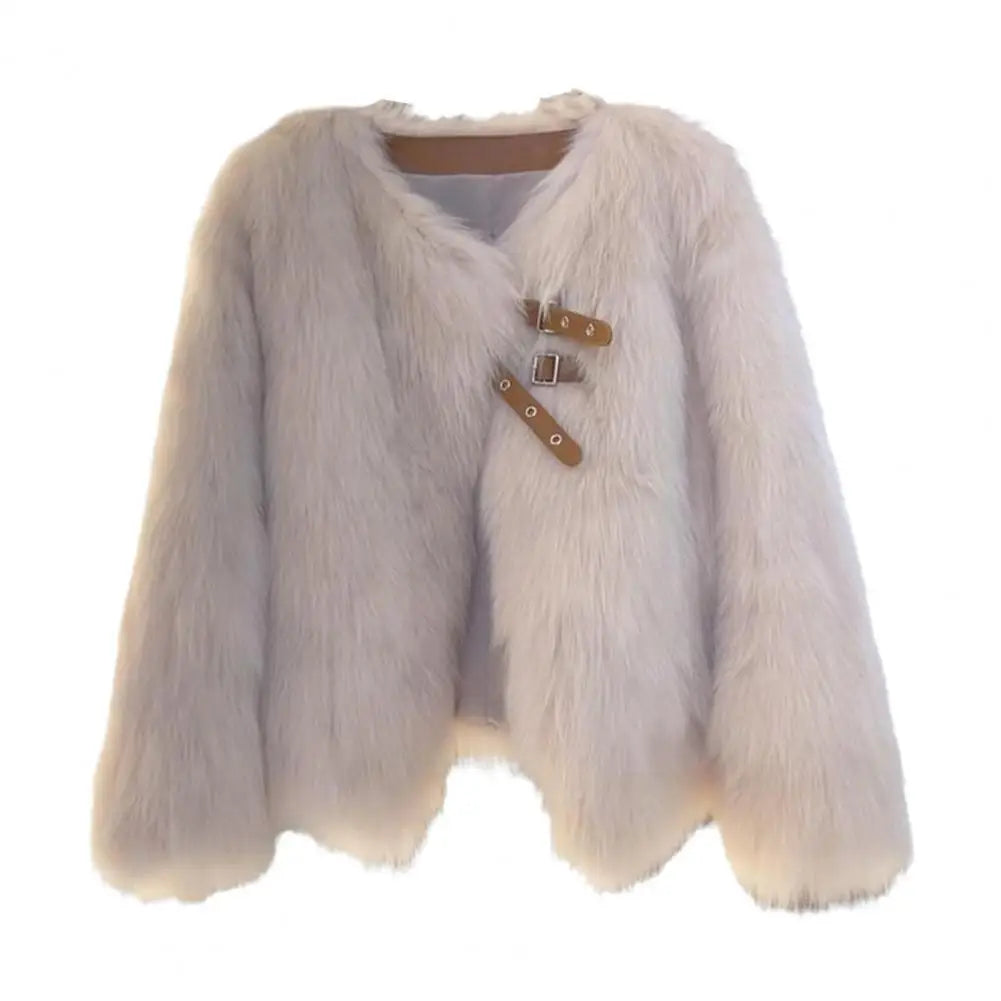 Auutmn Winter Cardigan Coat Furry Plush Buckle And Strap Decor Long Sleeves Thickened Faux Fur Knitted Sweater Jacket Khaki