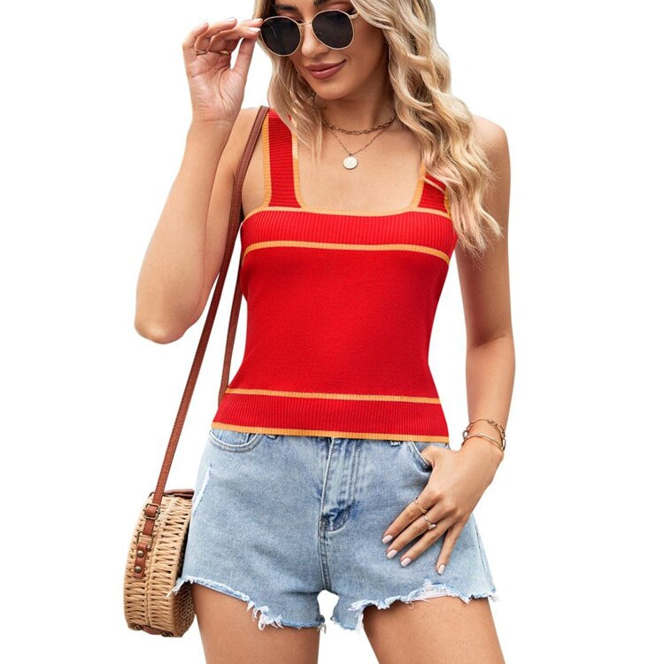 Women's 2024 Summer New Contrast Color Foreign Trade Knitted Sweater Short Style Crop Vest red