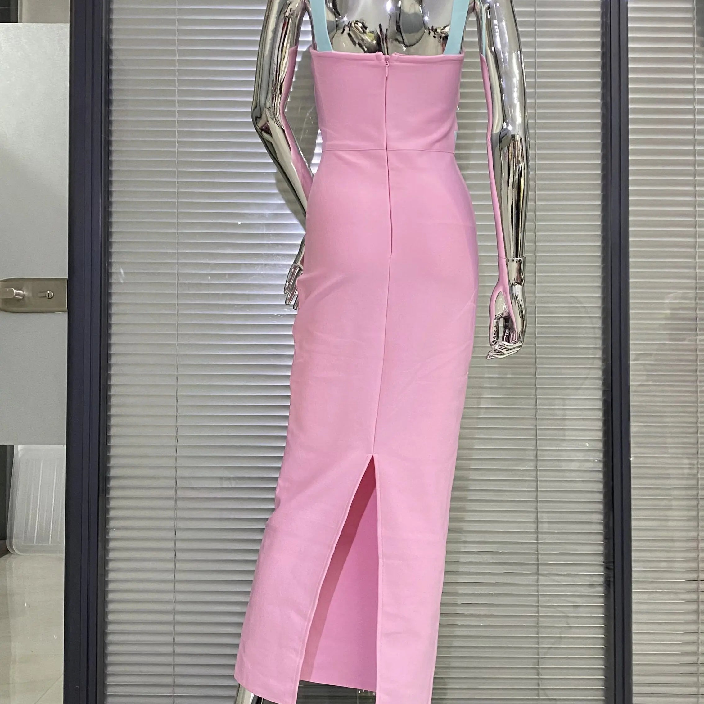 Pink Color Sleeveless Spaghetti Strap Long Bandage Dress Graceful Woman Evening Party Dress Dinner Party Vestido