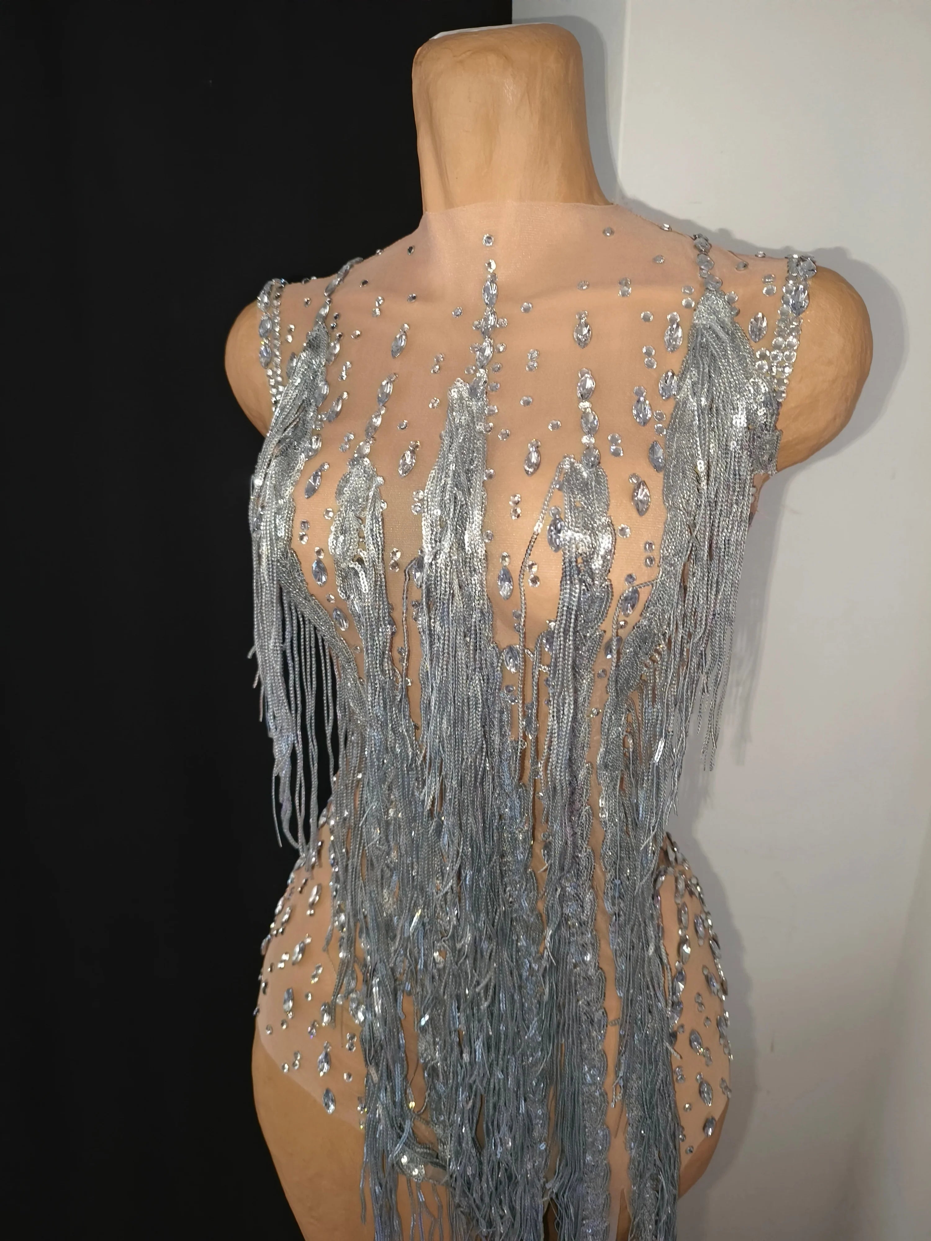 Sparkly Opulent Silver Long Tassel Sheer Mesh Crystal Rhinestone Dress Slim-fit Nightclub Party Clubwear Cocktail Outfit