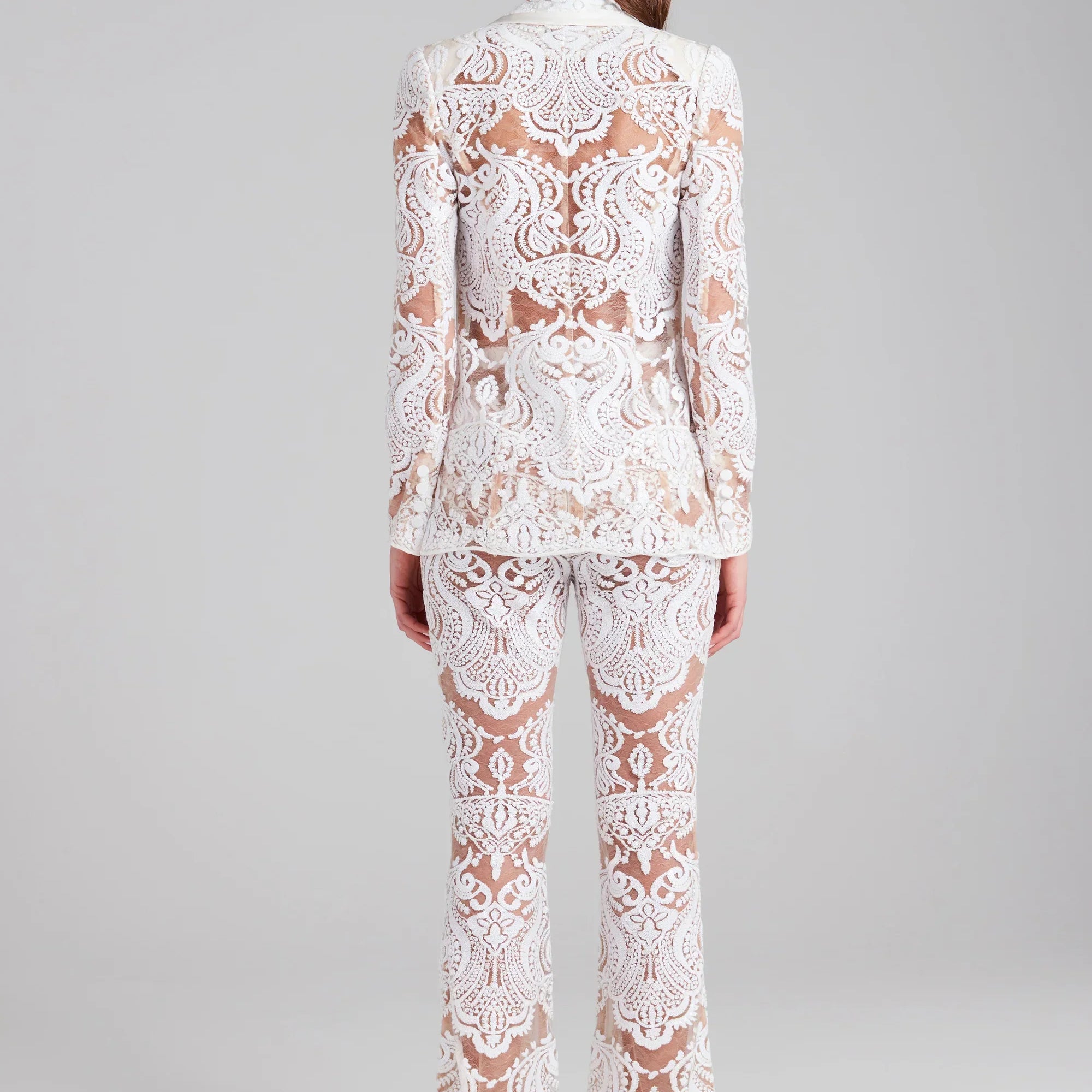 2023 White Lace Fashionable Woman Set Sexy See Through Suit Coat And Flare Pants 2 Pieces Evening Party Outfit