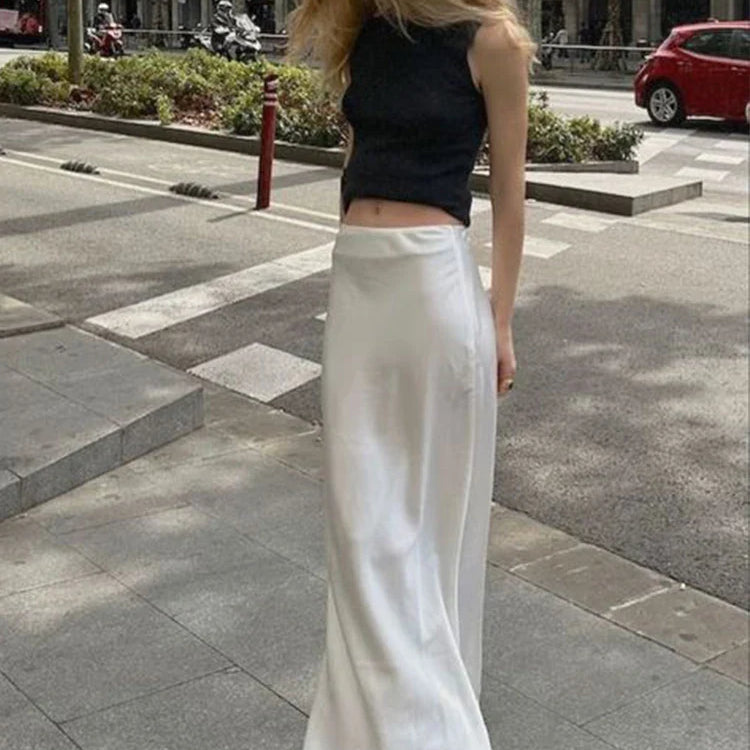 Chic Satin Maxi Skirt Female Slim High Waist Soild Black White Long Skirt Streetwear Elegant Ladies Casual Office Long Skirt