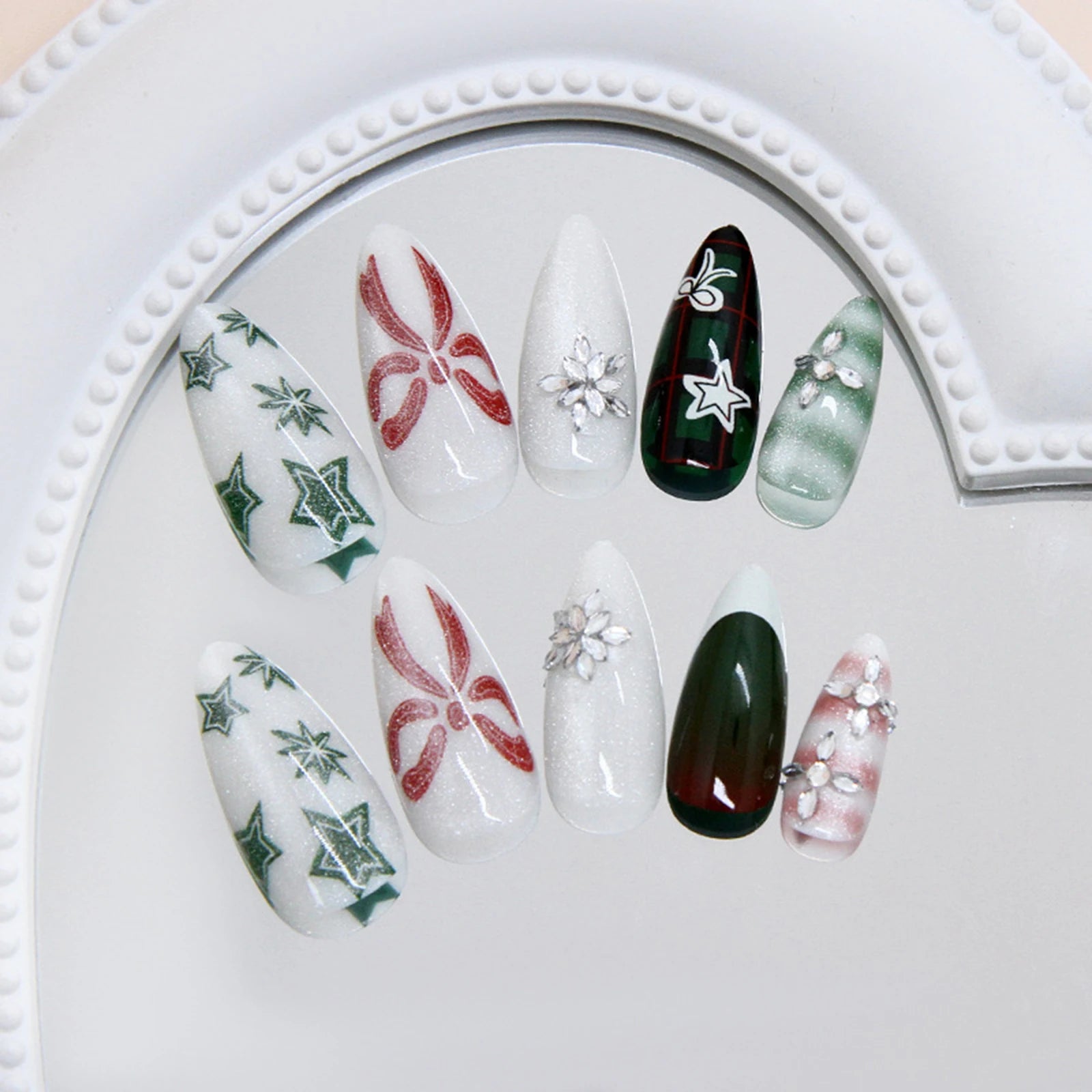 Christmas Almond Press On Nails, 24Pcs Full Cover Fake Nails Bowknot/Star/Snowflake Printed Wearable False Nails Diamond Decor