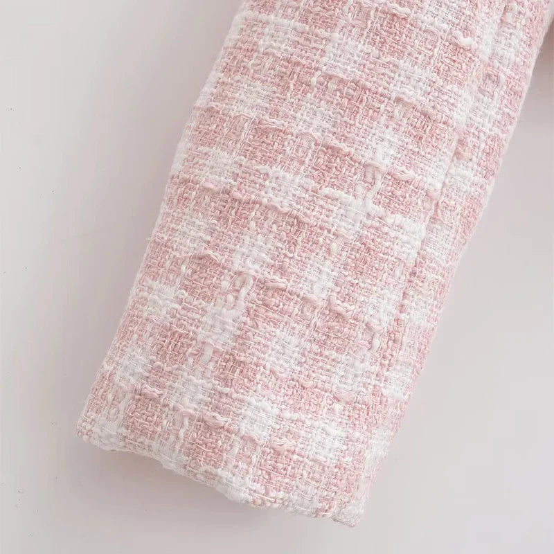 Women's Jacket Autumn Vintage Tweed Blazers Coats Fashion Single-breast Pink Plaid Suit Female New in Outerwears Clothing Top