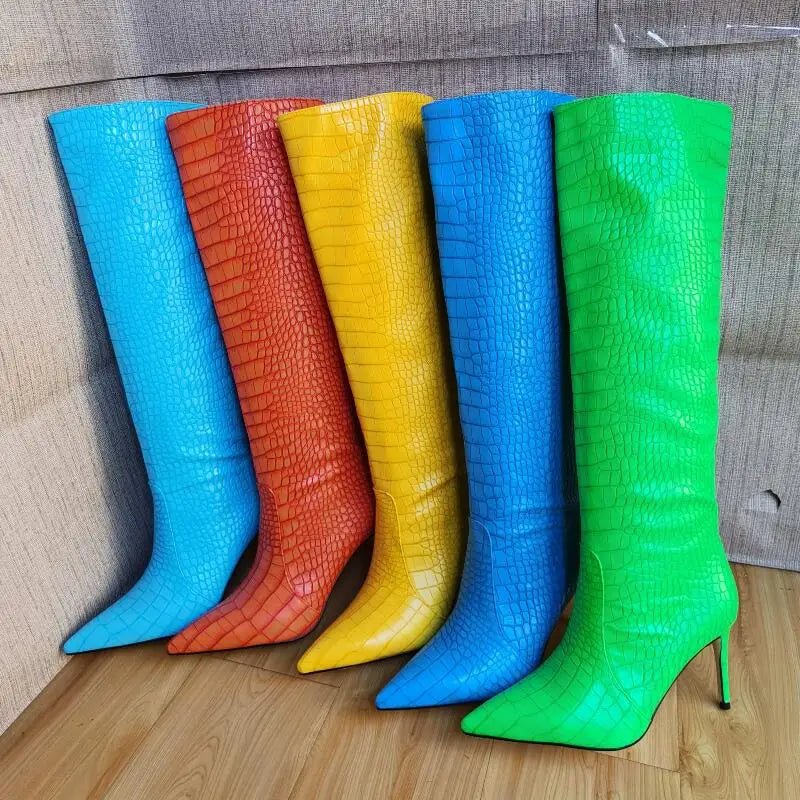 Size 43 Women Sexy Pattern Knee High Boots 2022 Autumn High-heel Pointed Toe Women's Shoes Black