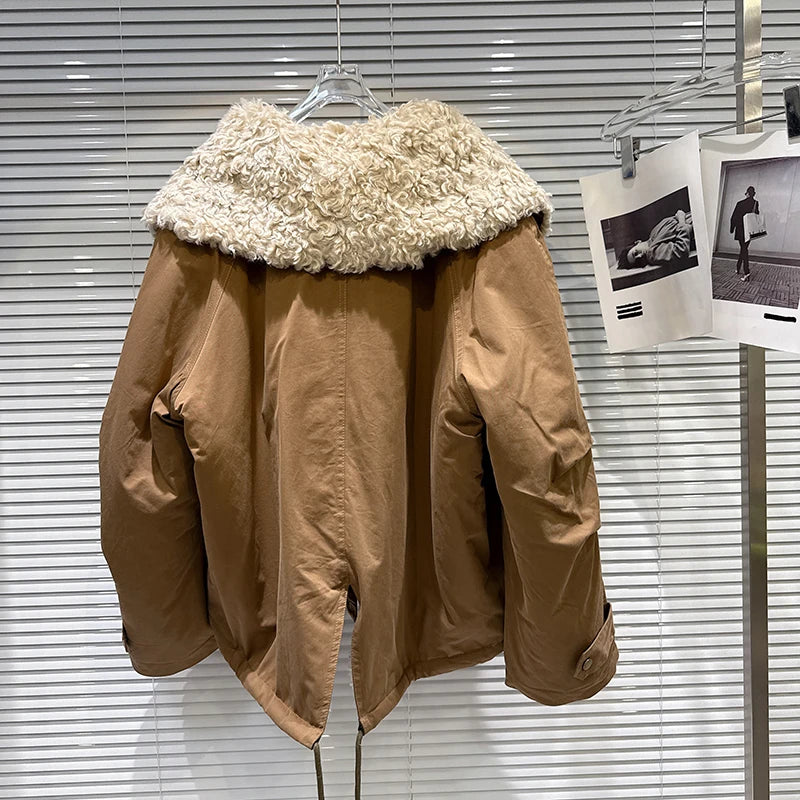 Winter New Fashionable Sailor Collar Fur Fleece Reversible Parka Coat For Women Loose Warm Jacket Female 11A07856