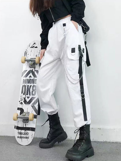 女性カーゴパンツハーレムパンツファッションパンクポケットジョガーパンツチェーン原宿ゴムハイウエストストリート