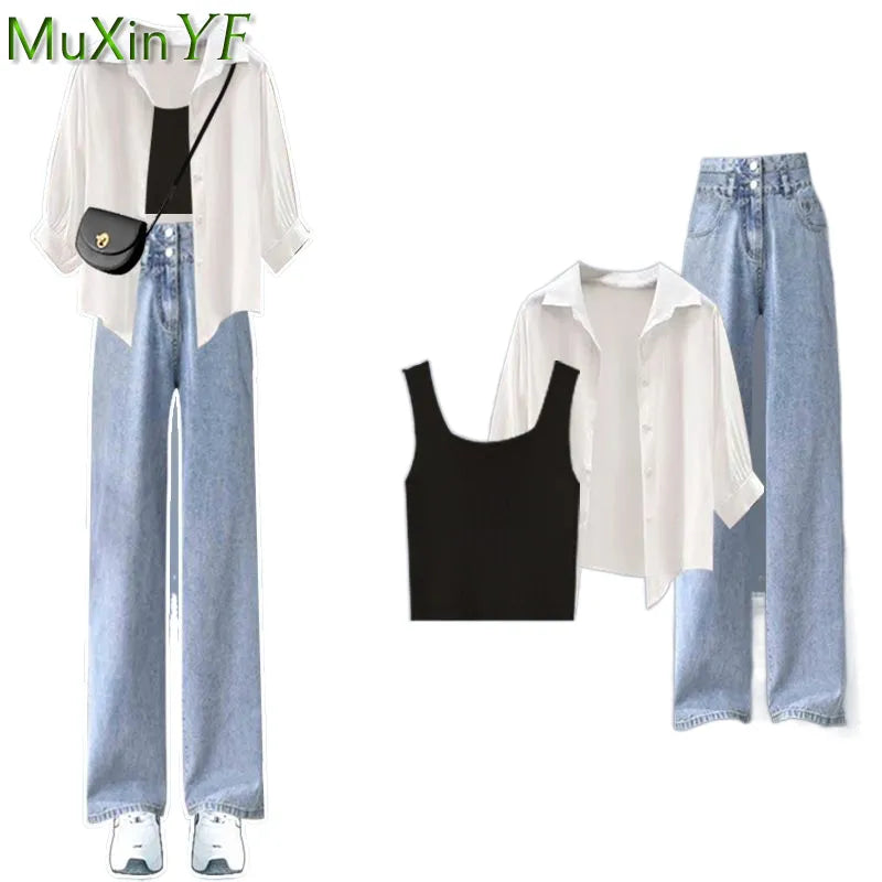 Women High Waist Long Denim Pants 2024 Summer Lady Daily Solid Shirt Vest Jeans 3 Piece Set Korean Fashion Blouse Tank Top Suits
