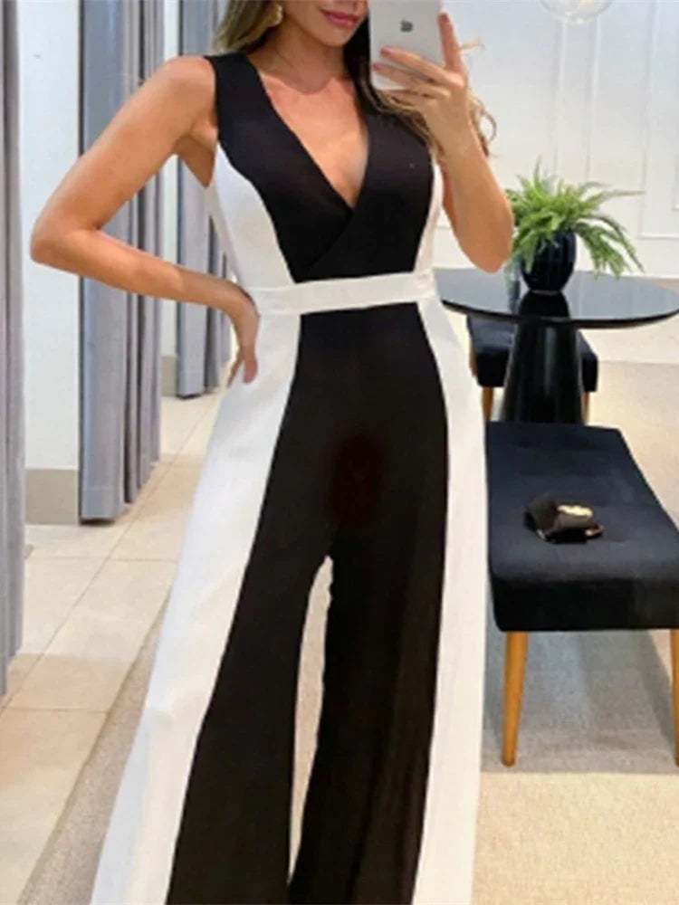 2023 Set of One Fashion Pieces for Women Outfits Geometric Print Wide Leg Jumpsuit Without Belt Casual Ropa Mujer Free Shipping