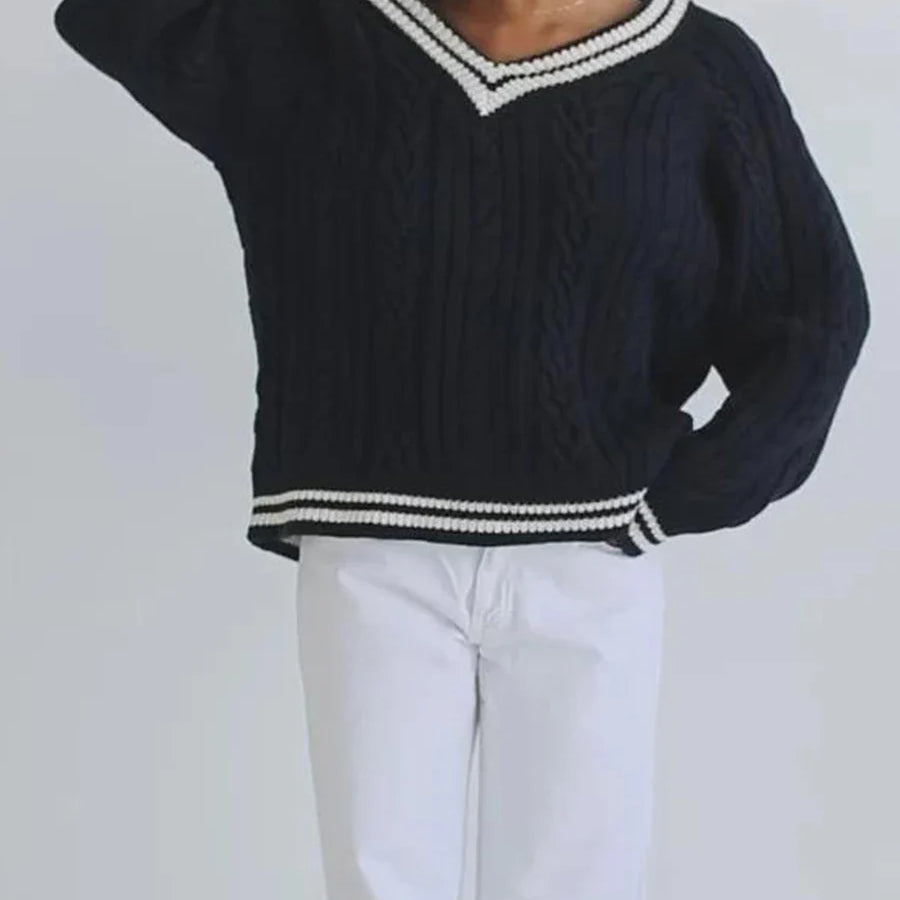 Women Cable Knitted Contrast Trim V Neck Sweaters Y2k Vintage Long Sleeve Pullover Striped Loose Preppy Jumper Top Streetwear