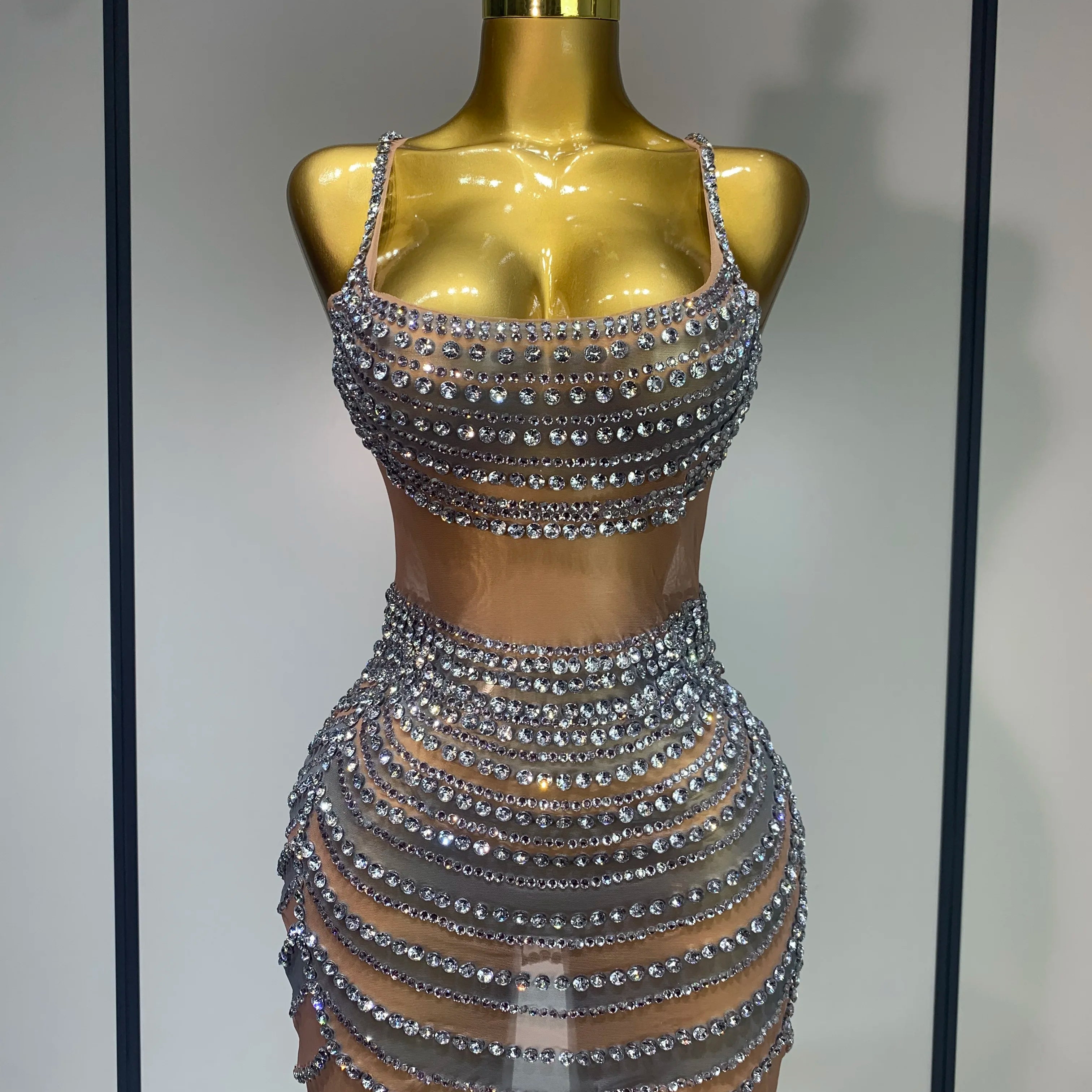 Sparkly Rhinestones Sleeveless Mini Dress Evening Birthday Celebrate Evening Party Dress Nightclub Stage Performance Costume Silver