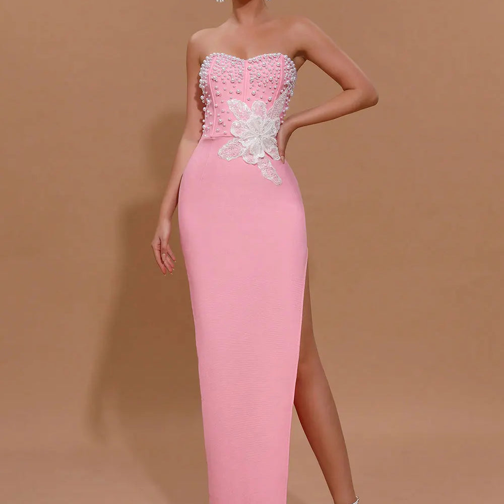 2025 Spring Sexy Women's 3D Flower Pearl Bandage Dress Strapless Sleeveless Bodycon Backless Long Dress Club Party Vestidos Pink