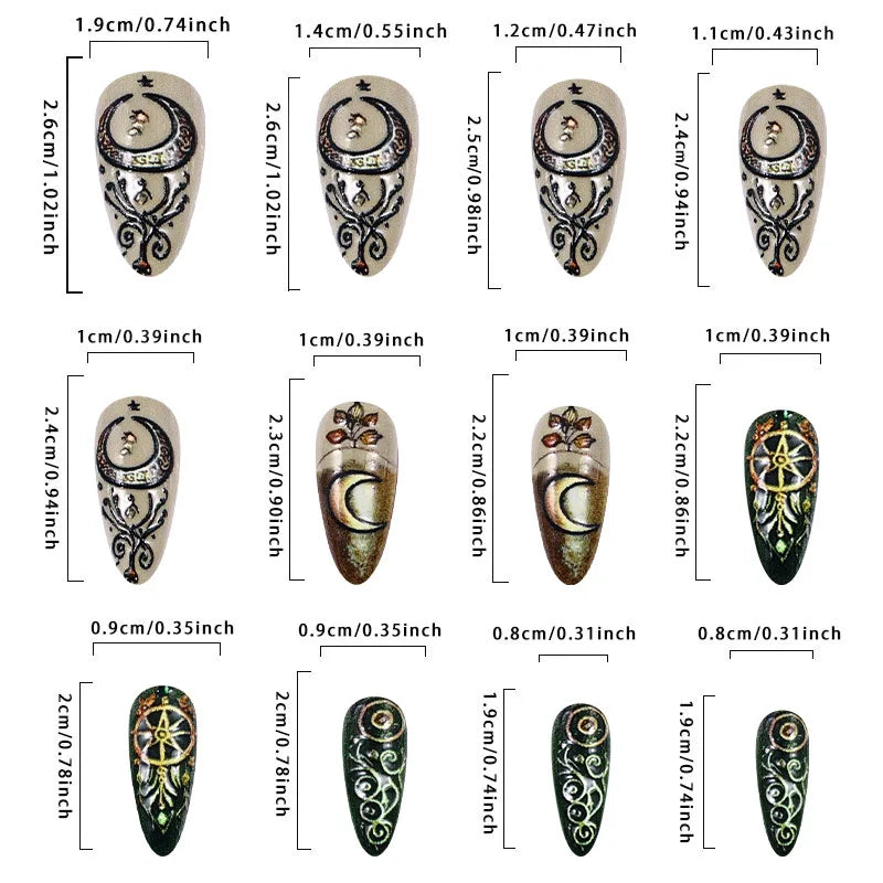 24pcs Mandala style False Nails Moon Flower Pattern Press on Nails European Retro Fake Nail Patch Women Lady Wearable Design
