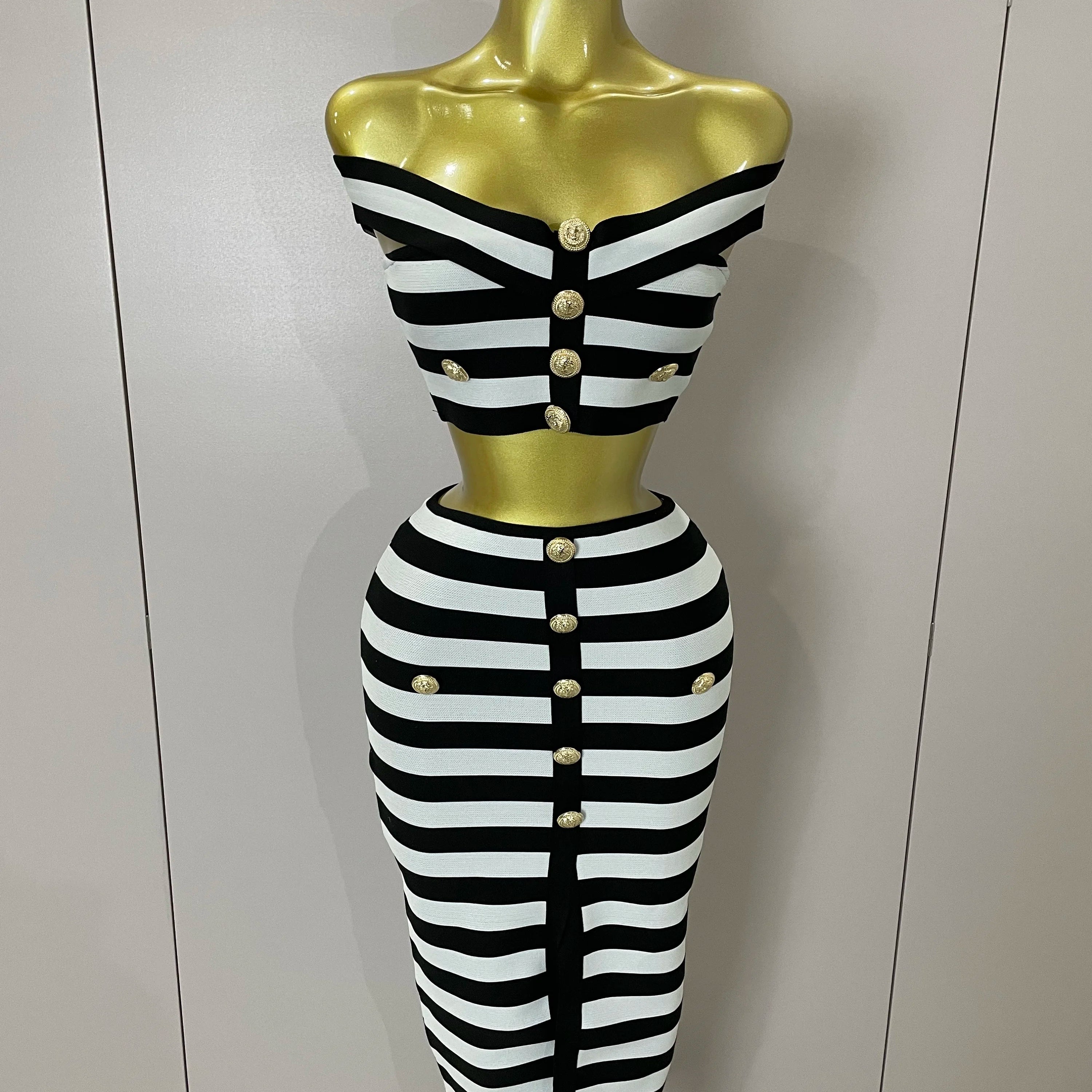 Sexy Off Shoulder Striped Button Two Piece Mini Bandage Set 2025 Women Celebrity Designer Evening Party Luxury Birthday Outfit black