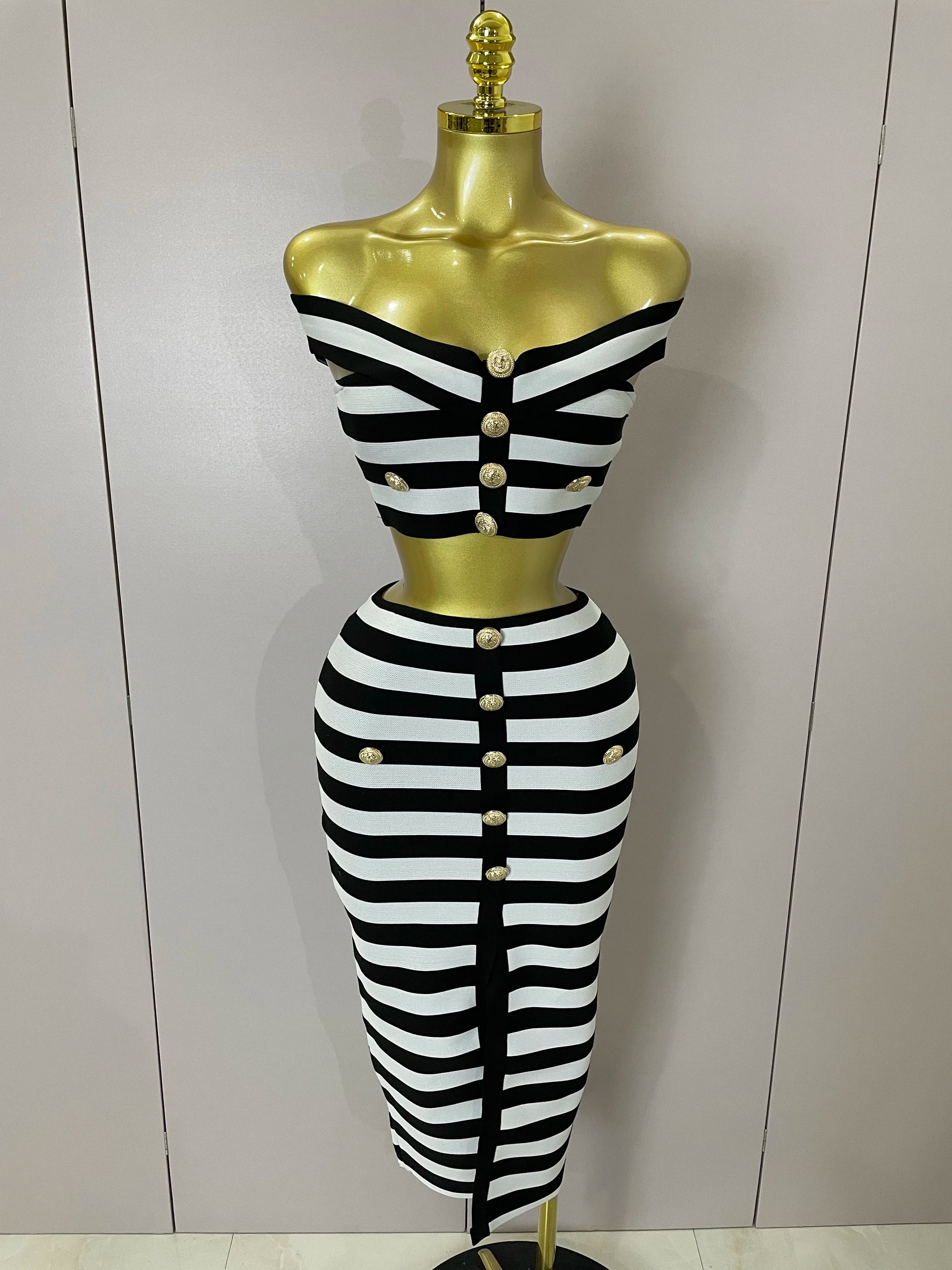 Sexy Off Shoulder Striped Button Two Piece Mini Bandage Set 2025 Women Celebrity Designer Evening Party Luxury Birthday Outfit black