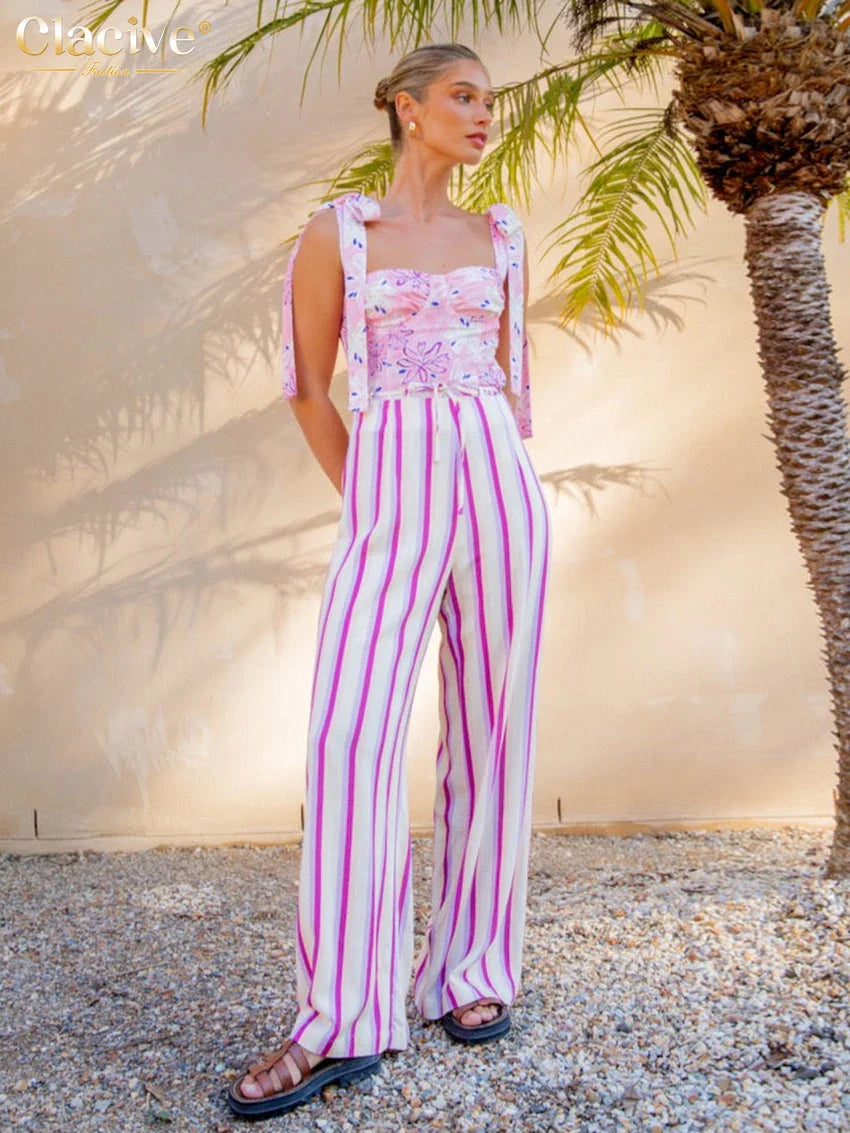 Clacive Summer Loose Print 2 Piece Sets Women Outfit Fashion Sleeveless Tank Top With High Waist Wide Pants Set Streetwear
