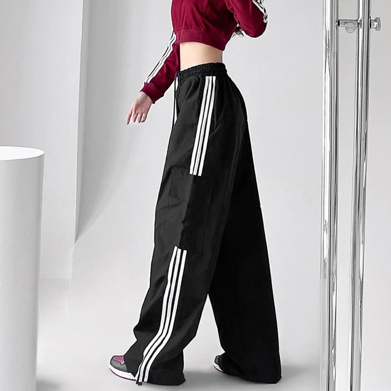 Striped Sweatpants Women Hip Hop Streetwear Baggy Wide Leg Cargo Pants Bf Y2K High Waist Drawstring Joggers Trousers
