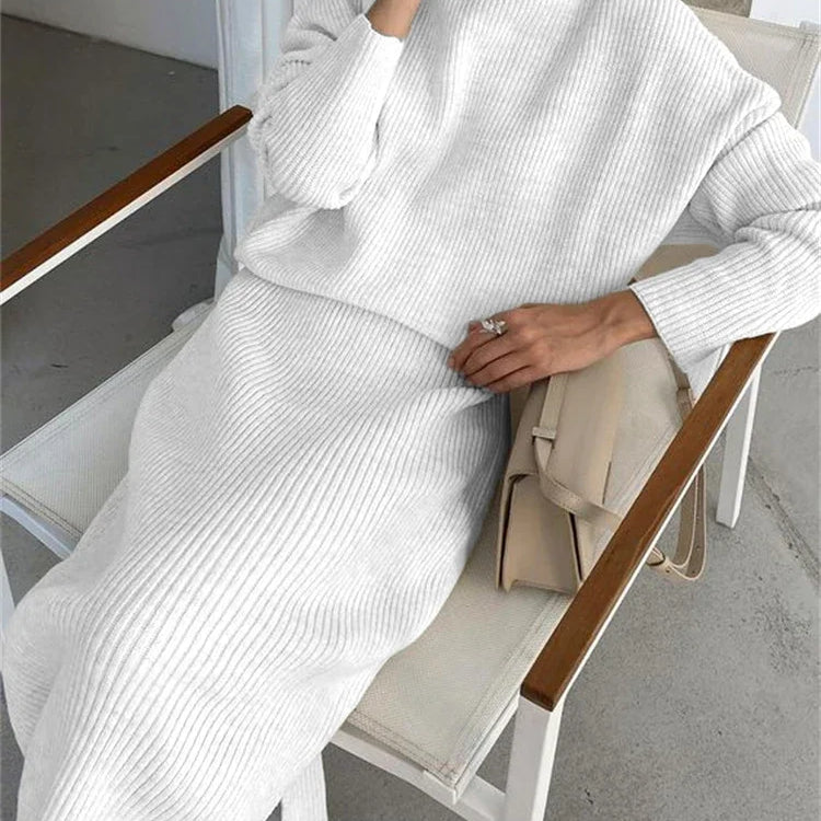 new Ribbed Knit 2 Piece Dress Set Outfits Ladies Knitwear Top And Midi Skirt Sets For Women Casual Winter Sweater Sets