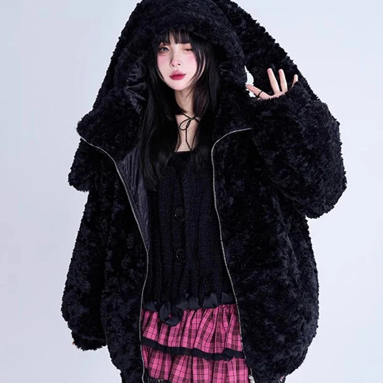 Autumn Winter Sweet Cute Lovely Warm Thick Soft Black Faux Fur Coat Women Bunny Ears Fuzzy Fluffy Jacket Hoodie 2023