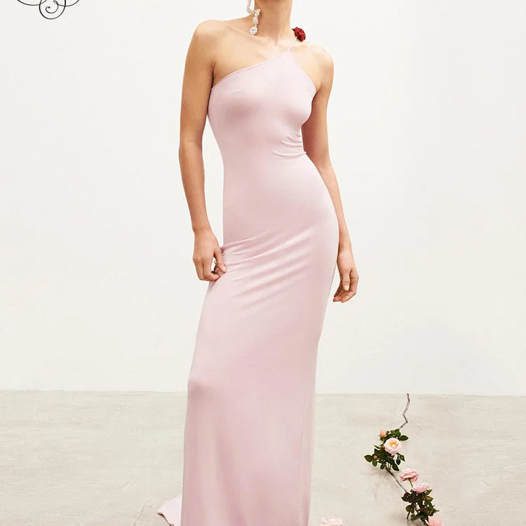 VC Women'S Pink Dress Elegant And Pretty Maxi Gown 3D Flower Design Diagonal Collar Sleeveless Formal Party Vestidos