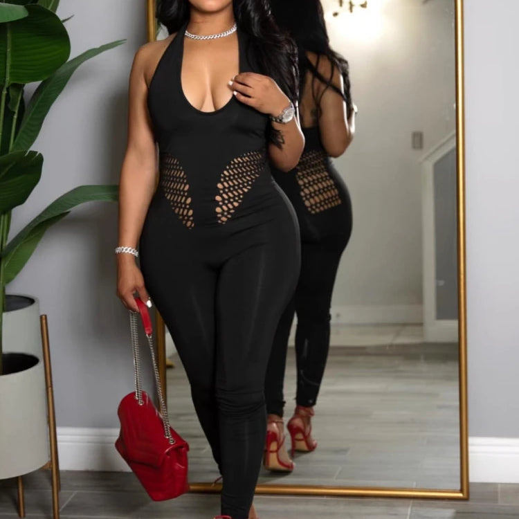 CM.YAYA Sleeveless Sexy Mesh Lace Hollow Out Women’s Jumpsuits 2025 summer v-Neck Night Club Party Pajamas One Piece Outfits