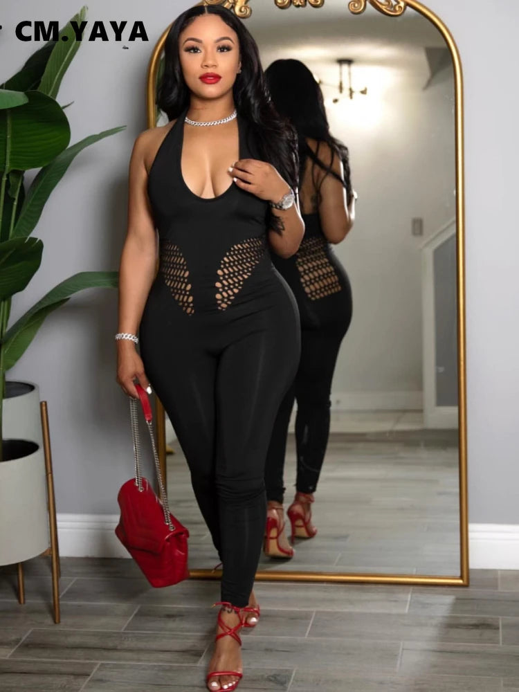 Sleeveless Sexy Mesh Lace Hollow Out Women’s Jumpsuits 2025 summer v-Neck Night Club Party Pajamas One Piece Outfits