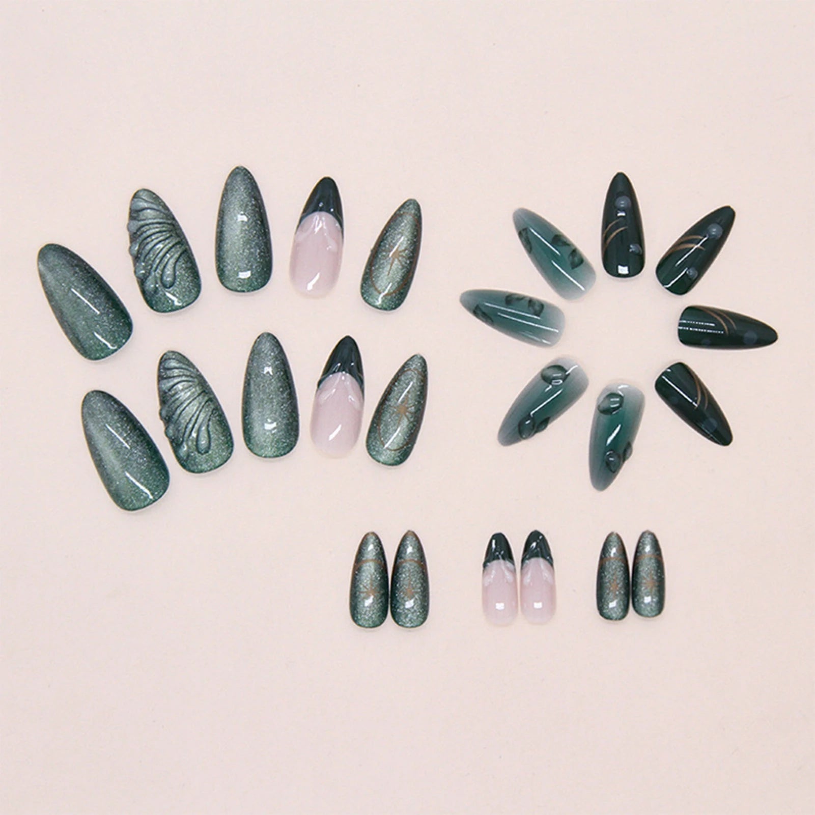 Glossy Green Fake Nails 24Pcs French Almond Press On Nails Fairy Star Printed Full Cover False Nails DIY Charm Manicure