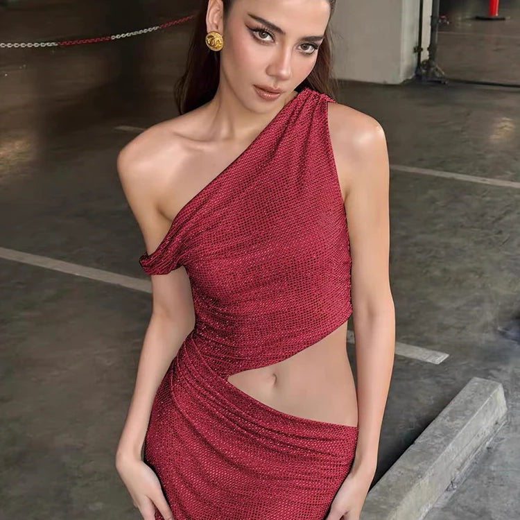 Fashion One-Shoulder Sleeveless Sequin Detail Long Dress for Party Evening Gown