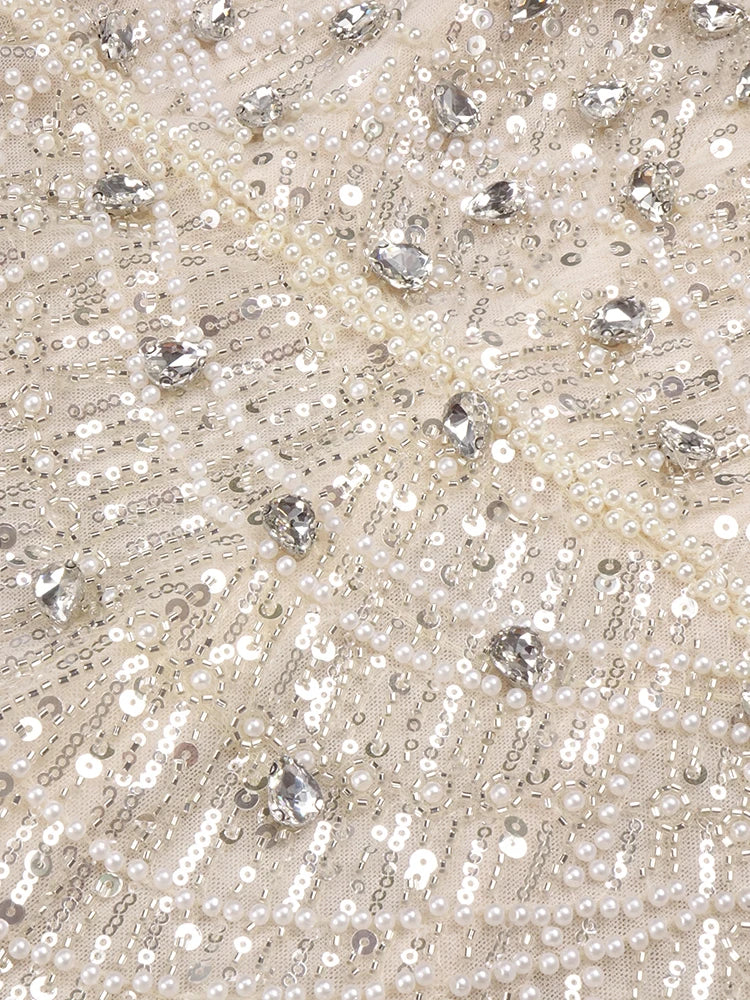 Nude Strapless Crystals Embellished Long Dress Sheath Low V Neck Sleeveless Feather High Side Slit Floor Length Evening Gown