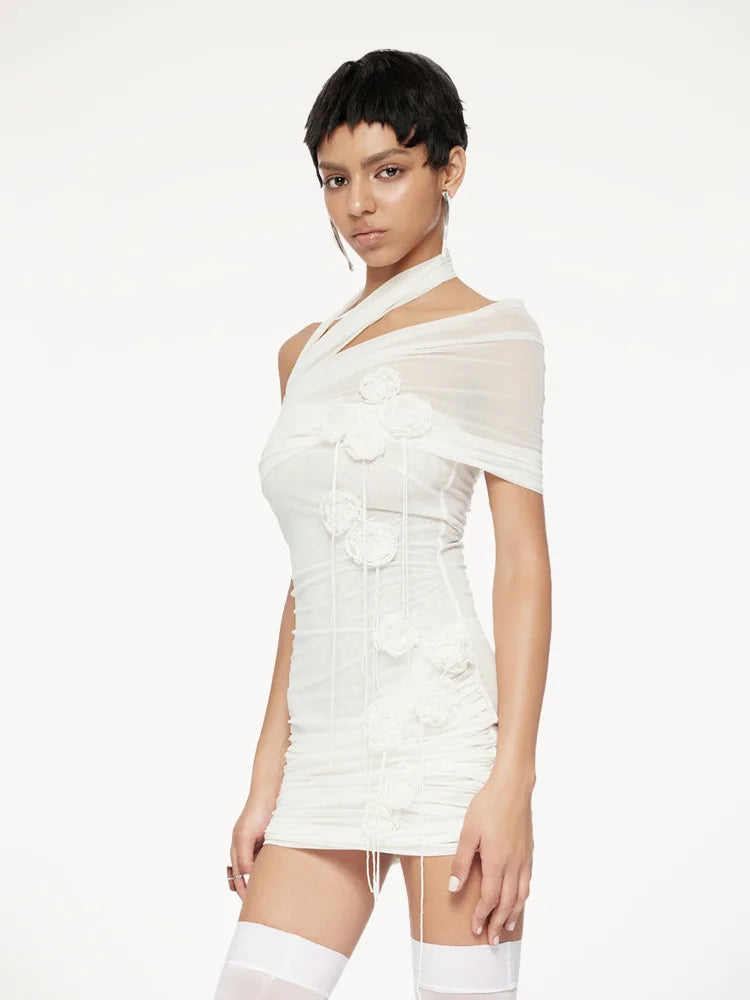 White Color Women Sexy Halter Florals Mesh See Through Bodycon Mini Dress Celebrate Fashion Nightlcub Party Outfit Wholesale