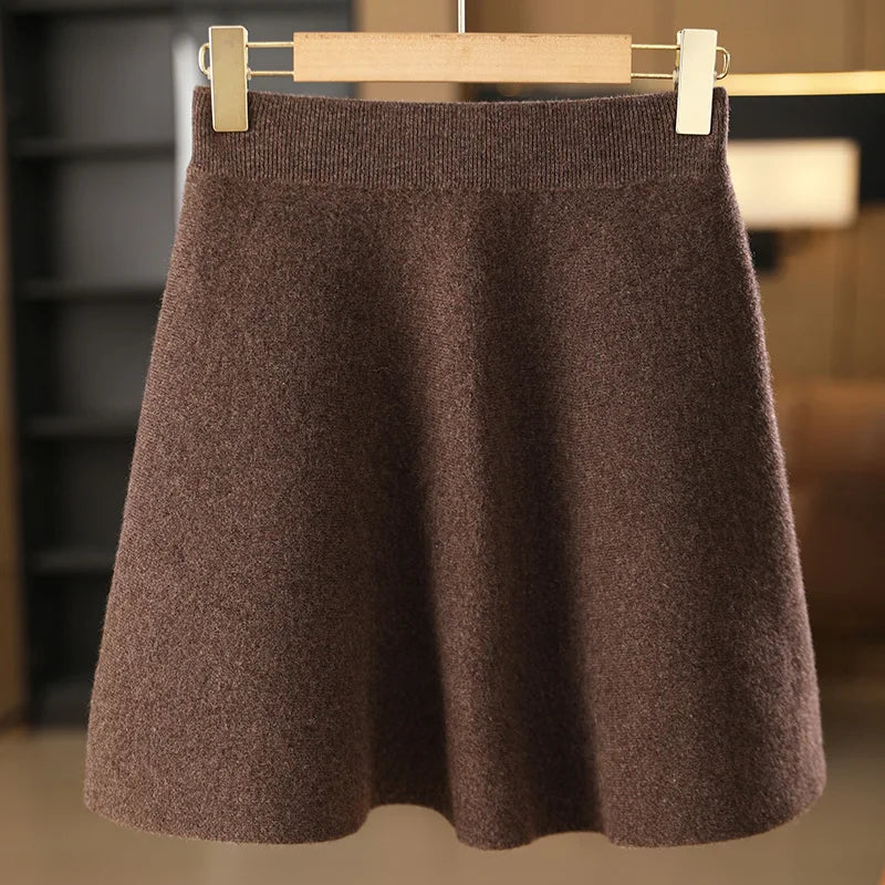 Autumn Winter New 100% Wool Short Skirt Women High Waist Knitted A-line Skirt Slimming and Versatile Hip hugging One Step Skirt 086Mocha