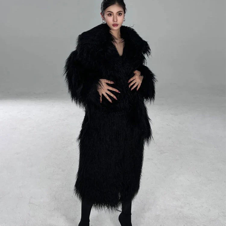 Winter Long Black Hairy Shaggy Thick Warm Soft Fluffy Faux Fur Coat Women Sashes Luxury Designer Overcoat Runway Fashion