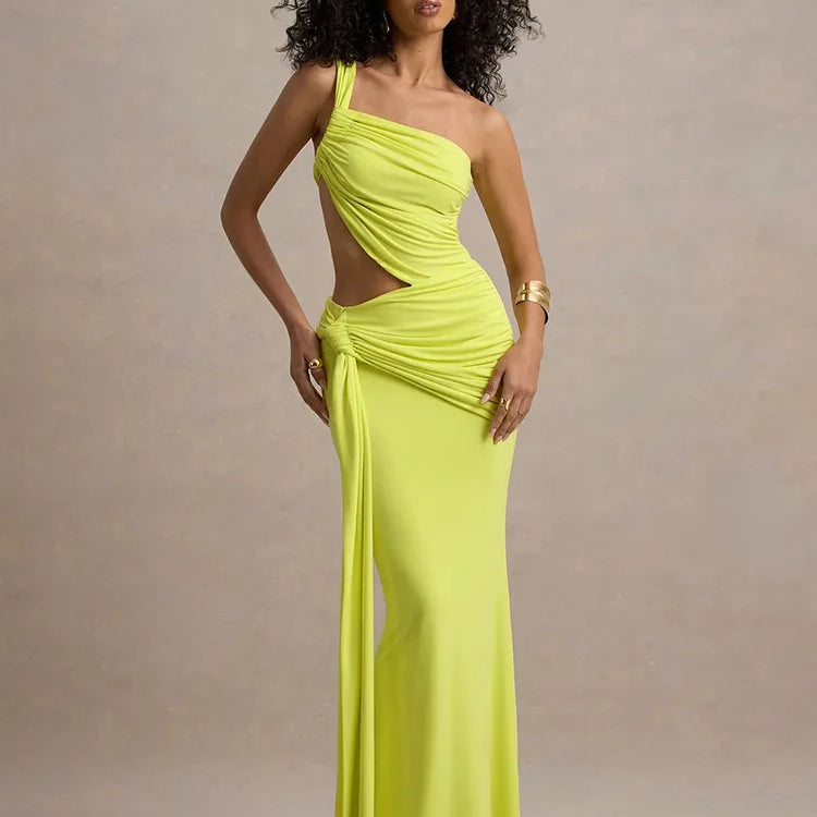 Mozision Irregular Ruched Sexy Maxi Dress For Women Gown Hollow Out One Shoulder Sleevelessdraped Bodycon Club Party Long Dress Green