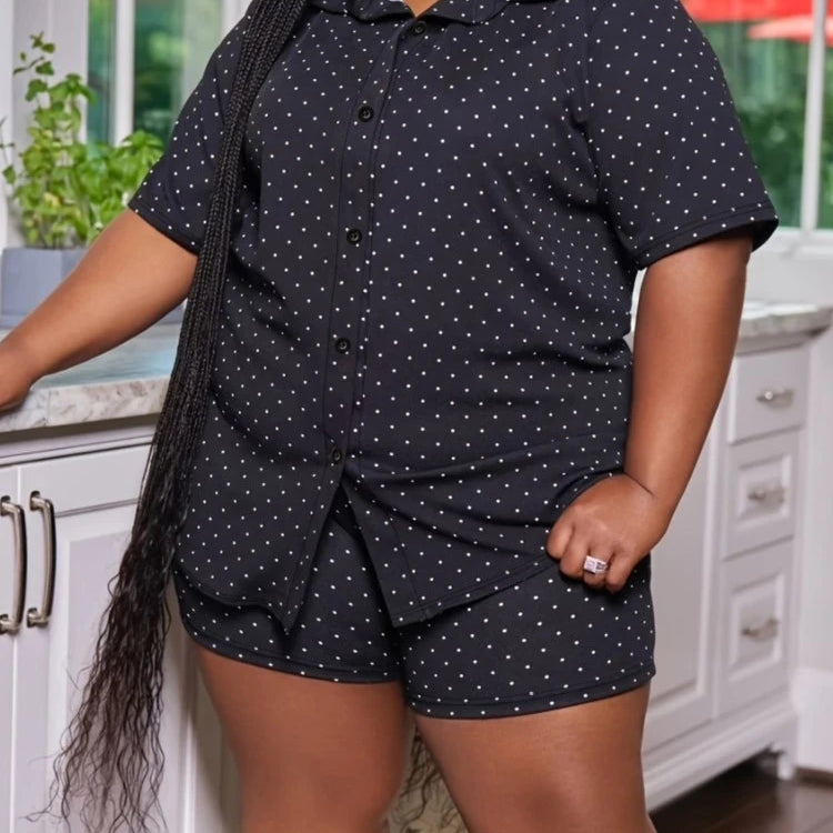 Plus Size Summer Polka Dot Print 2 Two Piece Set Women Casual Fashion Ladies Blouses High Waist Loose Woman Shorts