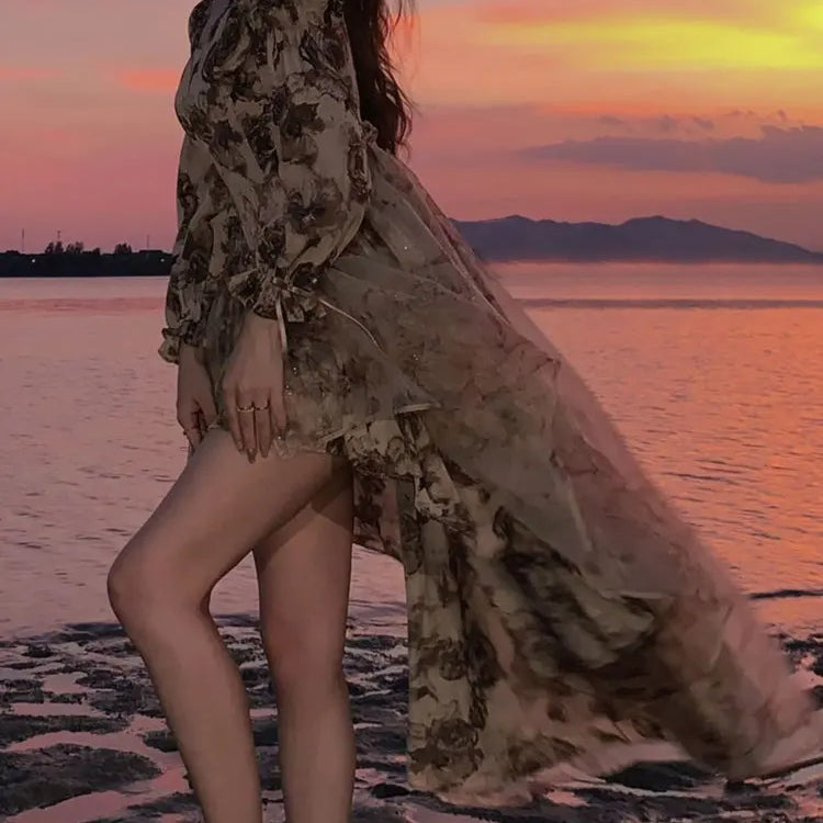 Autumn Floral Fairy Dresses for Women Luxury Designer Slim Korean Princess Dresses Female Chic Elegant Casual Party Dresses