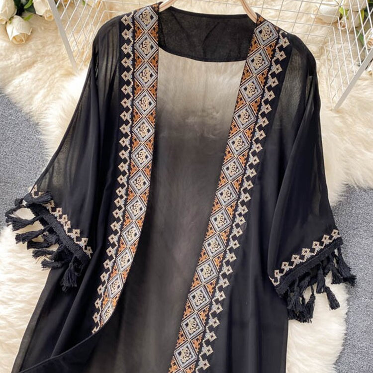 Summer Pareo Beach Kimono Bohemian Cover Up Long Fashion Embroidery Poncho Cardigan Tassel Chiffon Shirt
